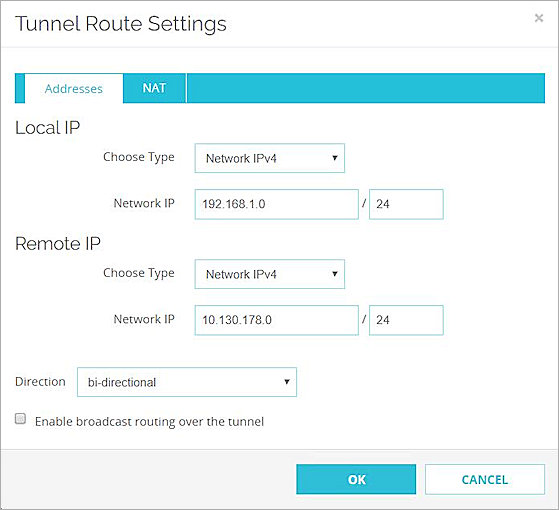 Screenshot of the Tunnel Route settings